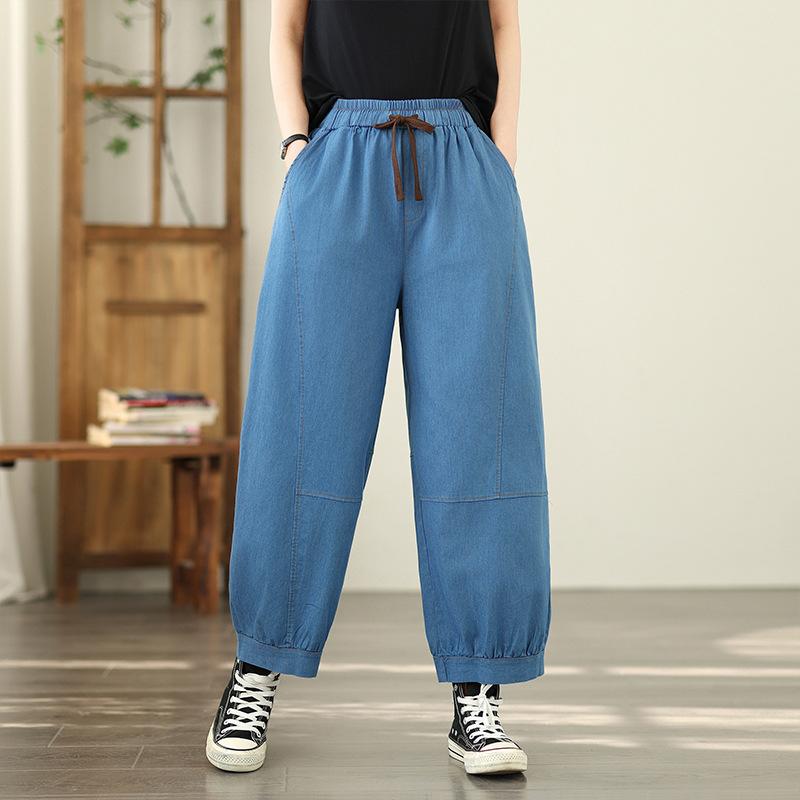Elastic High Waist Denim Pants Female Summer 9-inch Jean Pants Solid Color Casual Women Harem Pants 2025