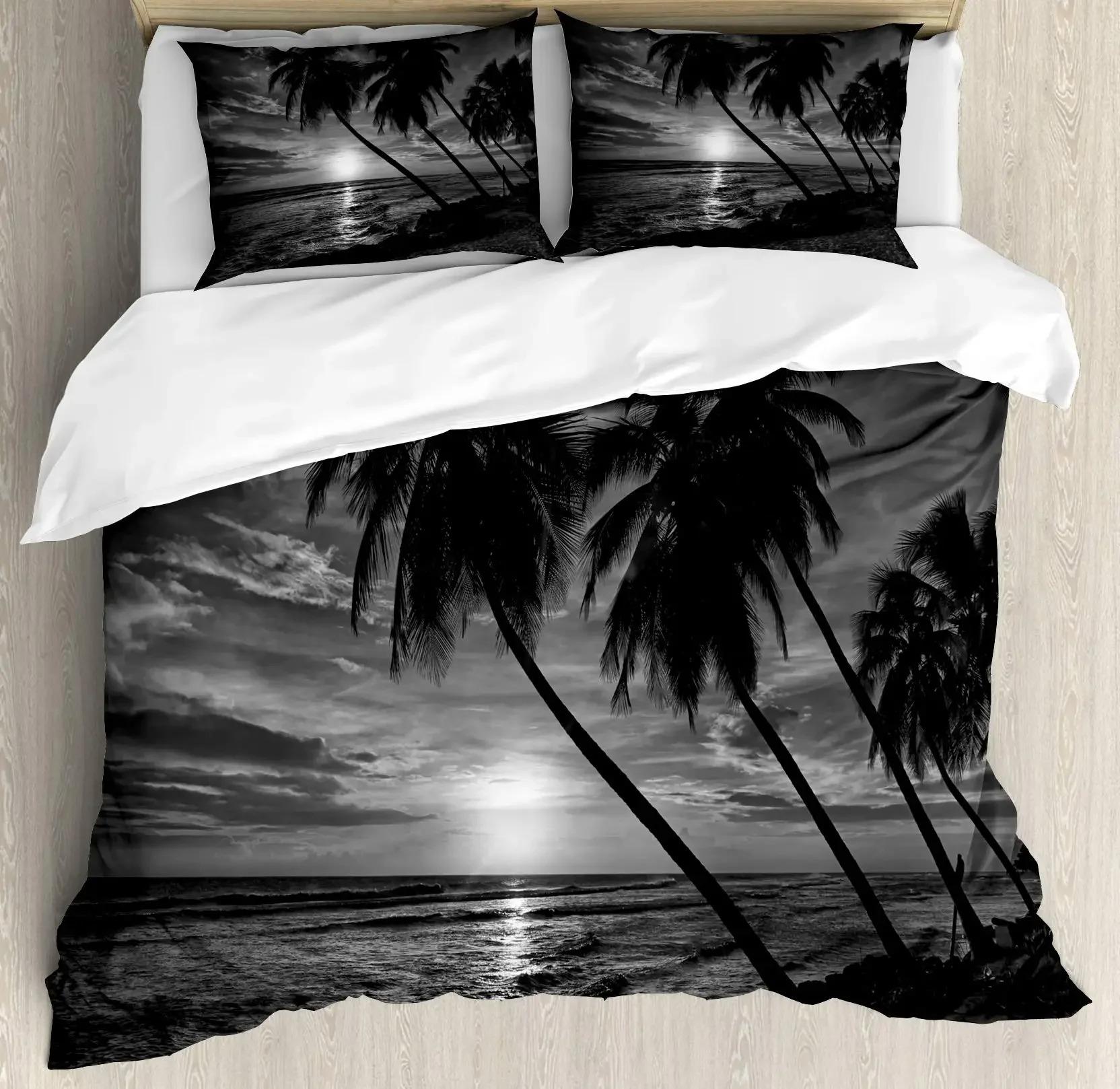 

Пальма Кокосова Пальма Король Королева Підковдра Океан Блакитне Небо Постільна Білизна Морський Пейзаж Пляж Захід Сонця 2/3шт Поліестерова Підковдра 70x133cm