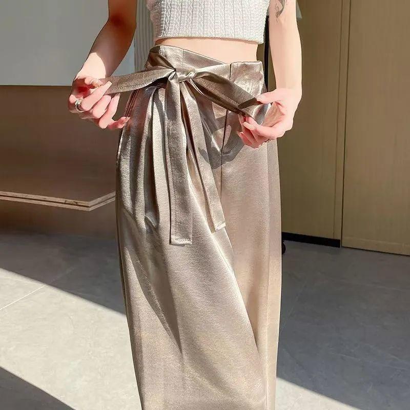 Women's Summer Acetate Satin Wide-Leg High-Waisted Pants with Tie-Up and Drape Design