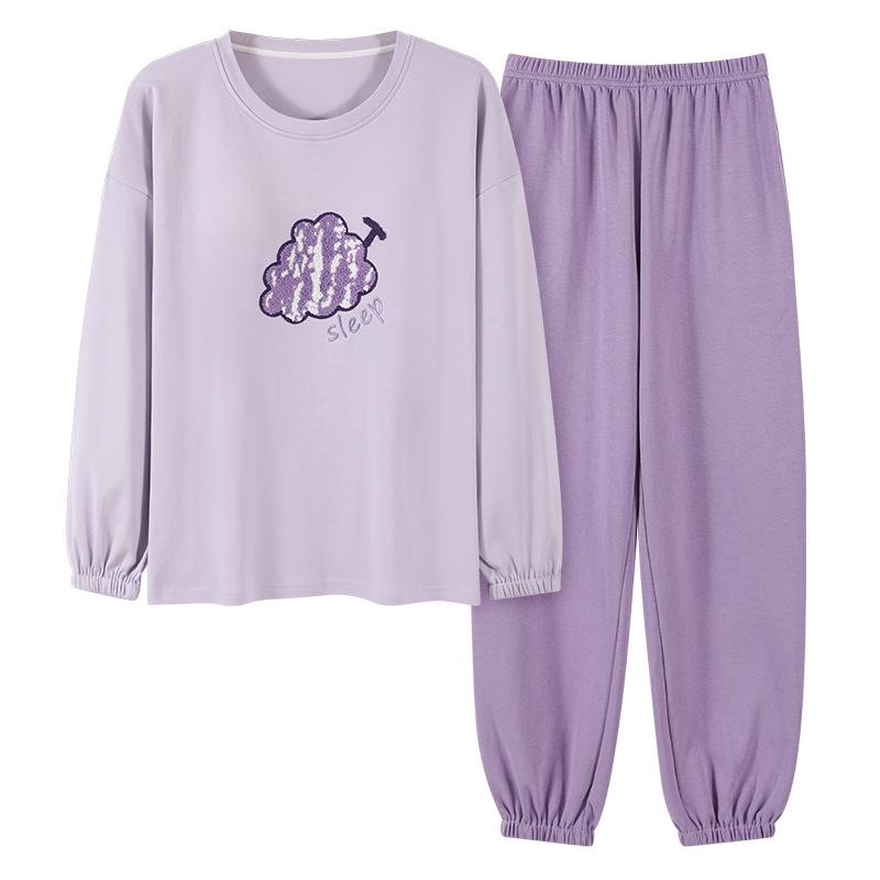 Pure cotton pajamas women's spring and autumn 1011 new autumn long-sleeved loose self-brought chest pad homewear tied foot set