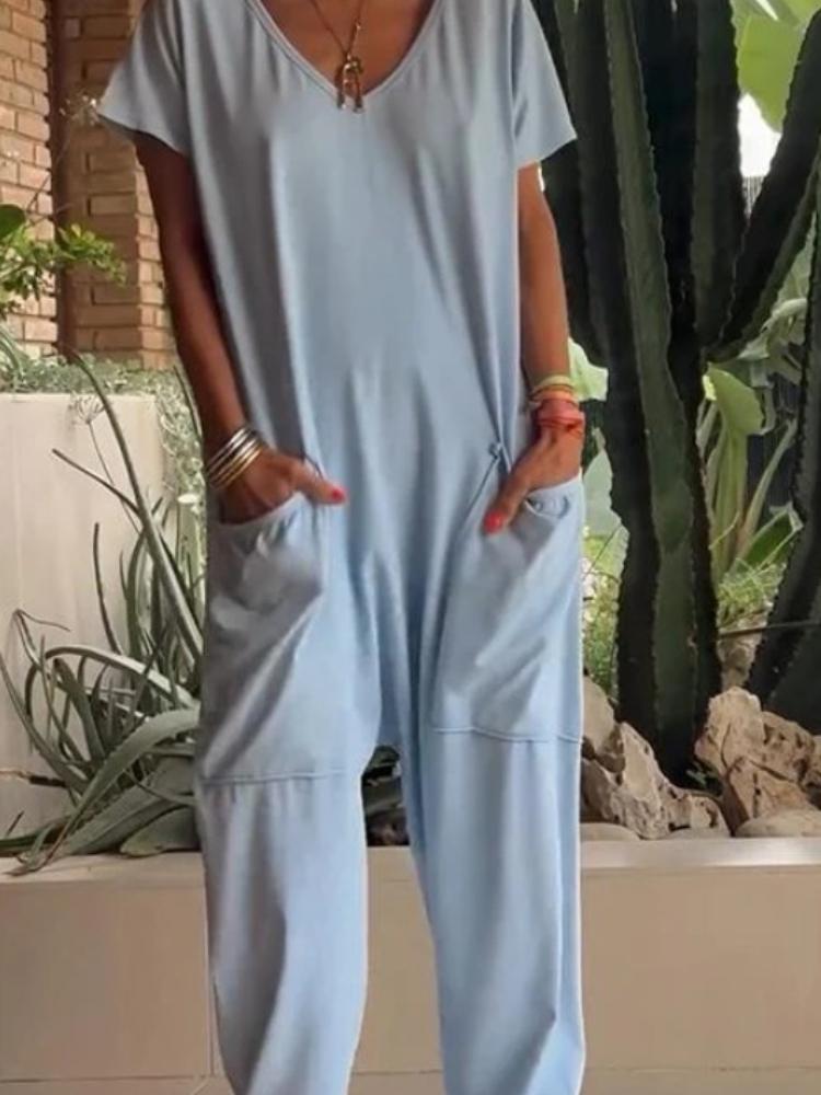 Summer Women's Jumpsuit, Solid-color V-neck, Oversized Pocket, Low-end One-piece Pants