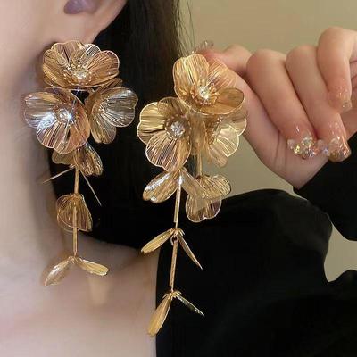 Exaggerated Flower Tassel Heavy Metal Long Dangle Earrings for Brides