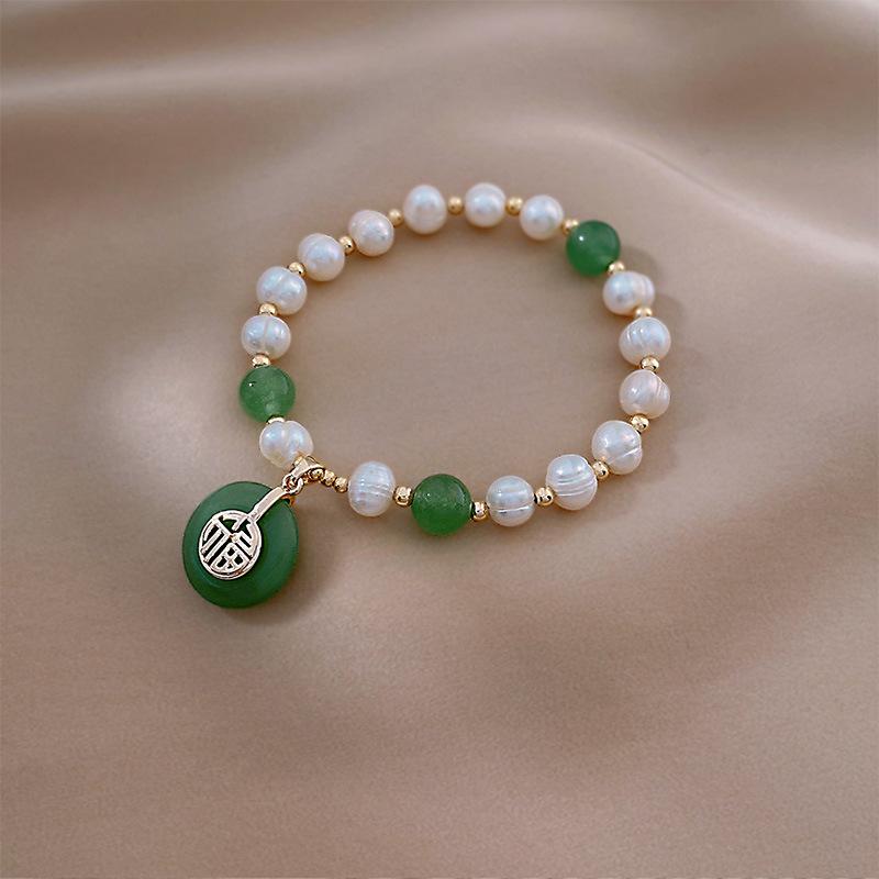 

Vintage Fu Character Green Stone & Freshwater Pearl Bracelet - Ethnic Style Women s Fashion Jewelry
