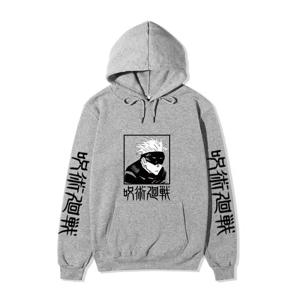 Men Women Fleece Hoodie Gojo Manga Art Two Sleeve Vertical Japanese Characters Casual Anime Hooded Sweatshirt