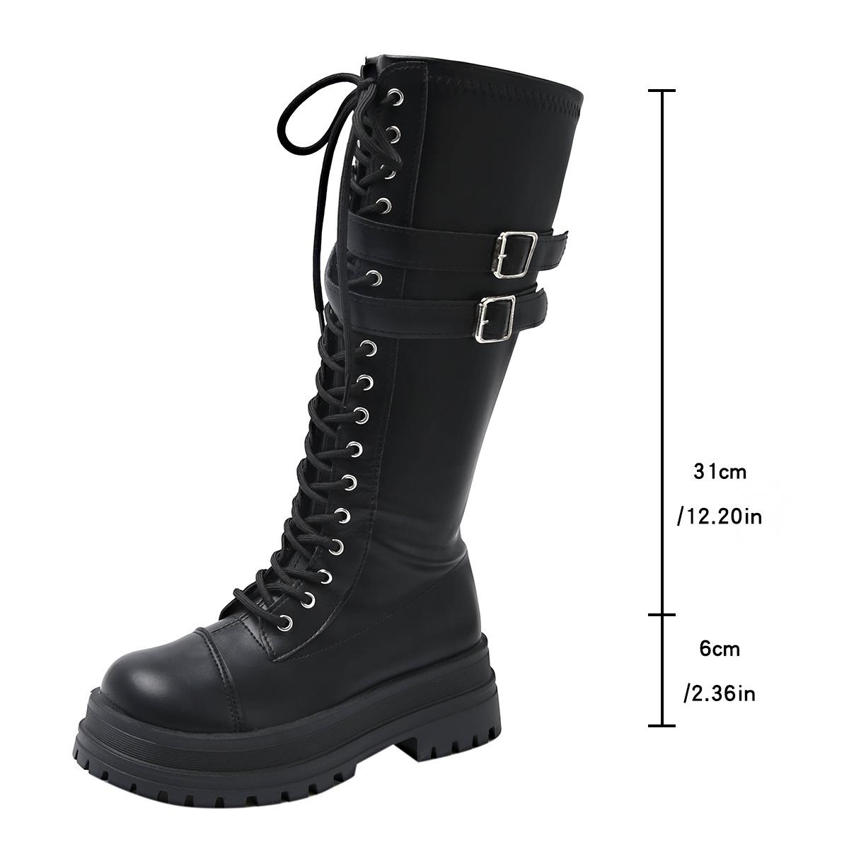 

New British Style Belt Buckle Mid-Calf Boots Black Leather Platform Shoes Size 35-42 Vintage Side Zipper Riding Boots for Women 42