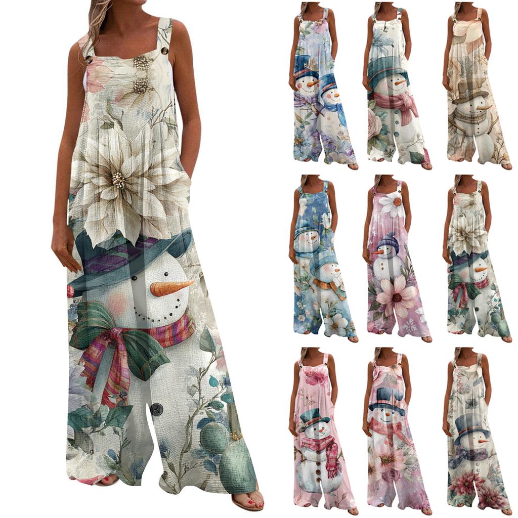 Women's Christmas Print Solid Wide Leg Strapless Tank Pocket Casual Onesie
