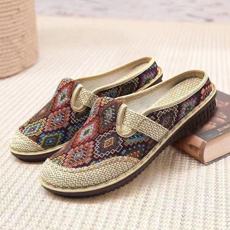 Dámské boty Vyšívané lněné pantofle Etnický styl Nazouvací pantofle Venkovní ležérní dámské pantofle Vysoká kvalita Měkká podrážka Ploché boty