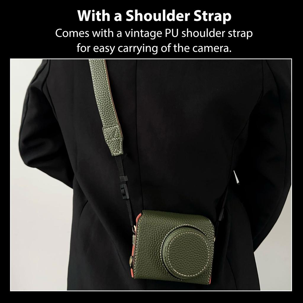 Vintage PU Leather Camera Bag Half Body Protective Cover with Strap for GR IIIx GR III GRIII GR3 Enhanced Grip Soft Lining 1Celsius4 Inch Thread Hole