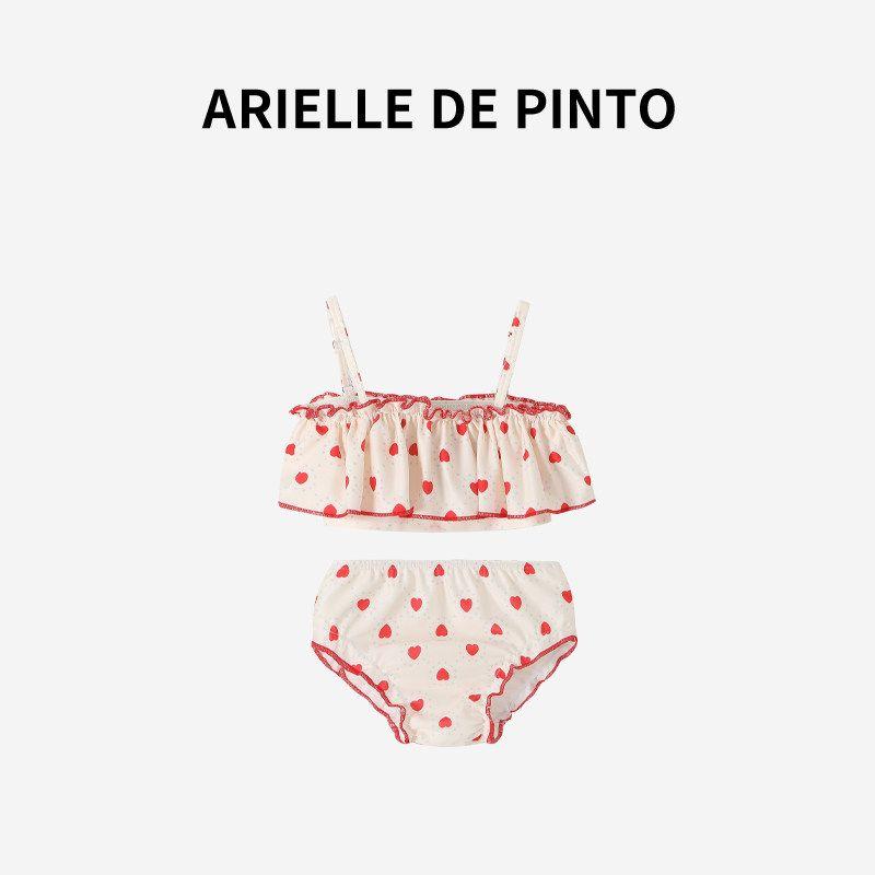 French Arielle De Pinto Girls  Swimsuit Summer Western Style Princess Split Sling Love Swimsuit Split White Heart 130
