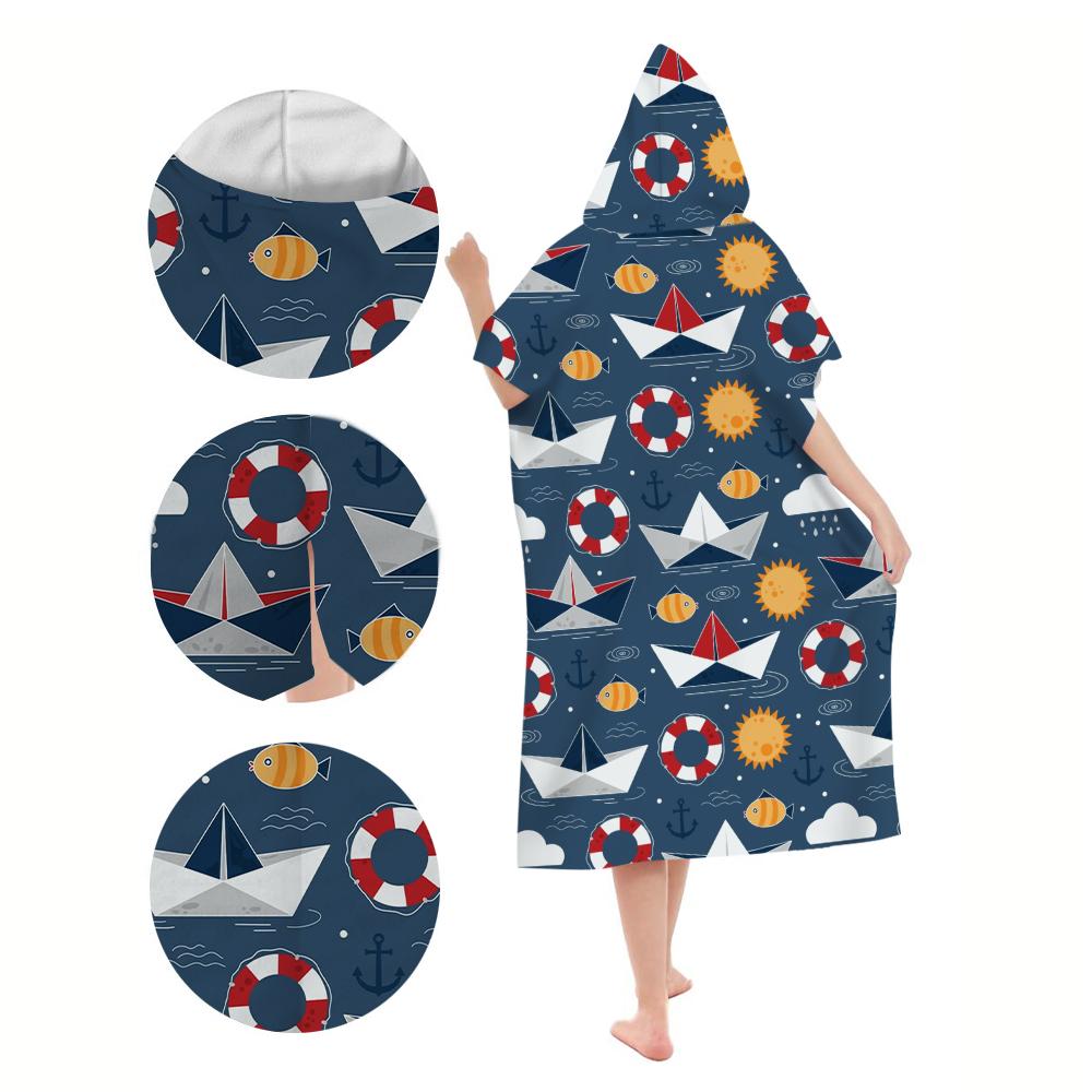 Cartoon Boat Hooded Beach Towel Robe Soft Absorbent Quick Dry Bathrobe for Travel Camping