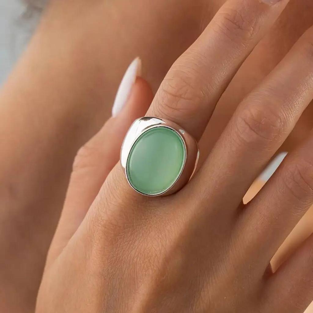 SHIXIN Vintage Oval Green Resin Finger Ring Women Minimalist Geometry Irregular Silver Color Rings Wedding Party Jewelry Gifts