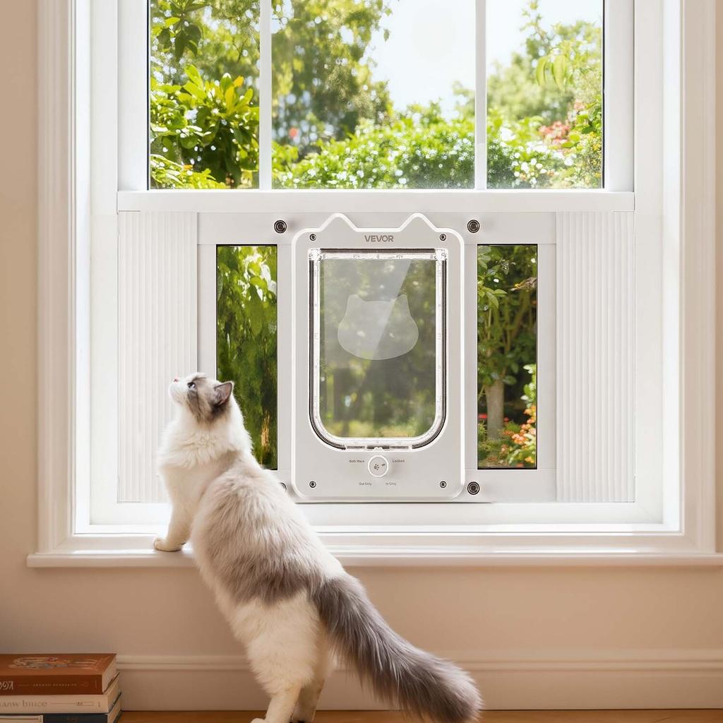 Cat Door for Window, Adjustable To Fit Window Width 584-711 Mm, 4 Secure Lock Modes, Aluminum Frame and High-Transparency Glass, Magnetic Closure,