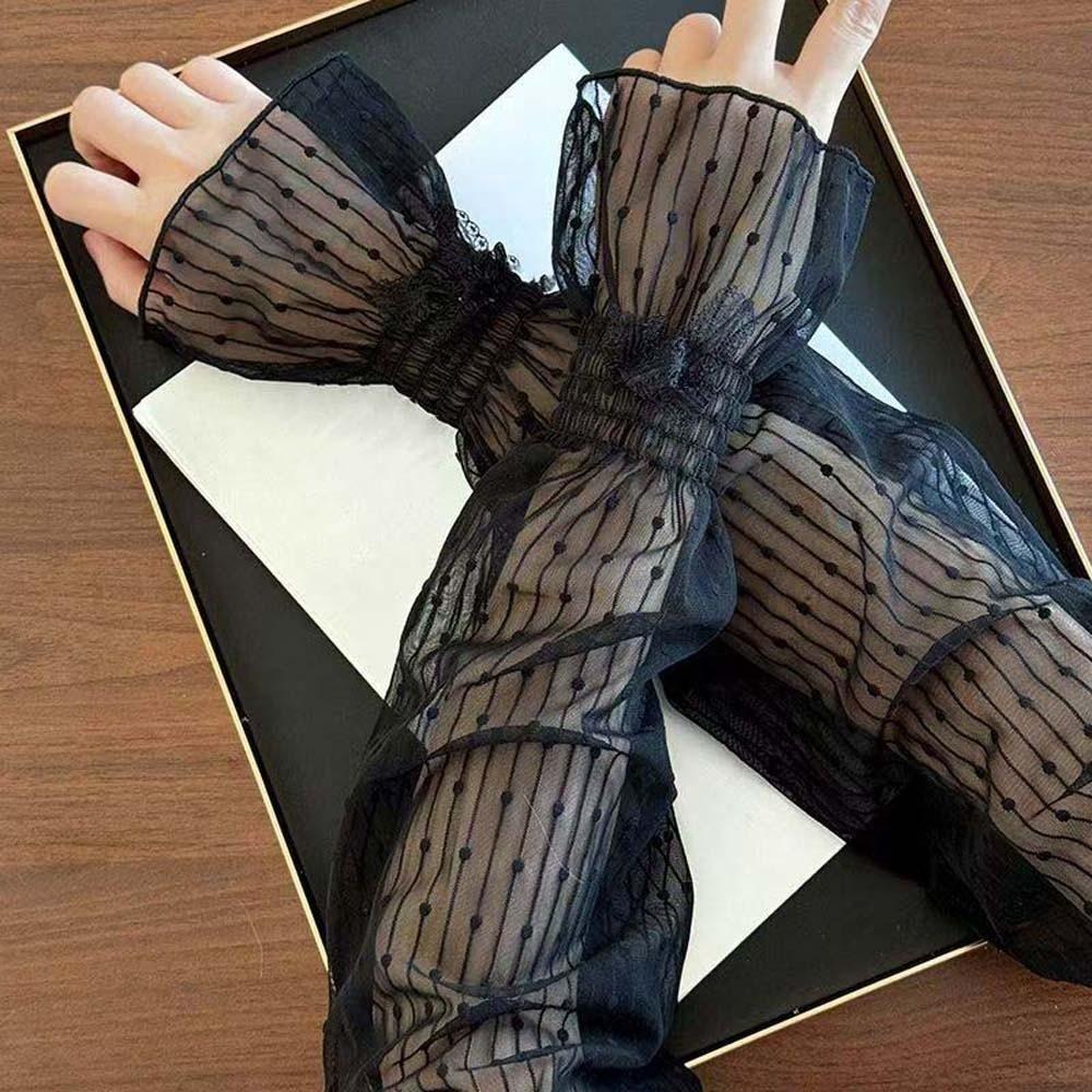 1 pair French Retro Bowknot Lace Sun Protection Sleeves Elastic Ruffle Trim Breathable Lightweight Fabric Mesh Arm Covers чёрный