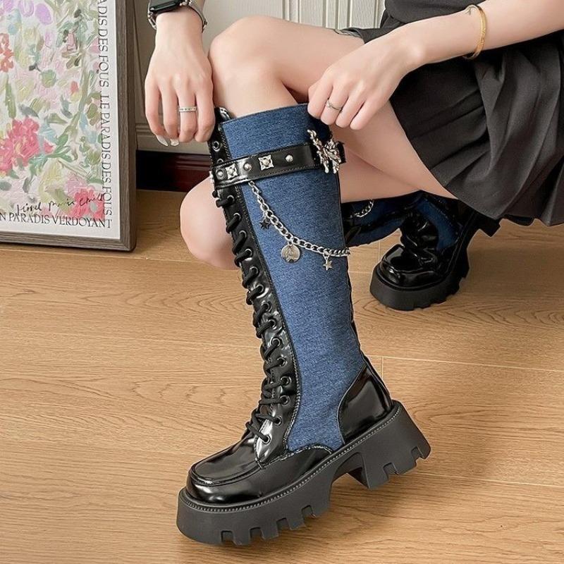 Thick-soled boots Liquid butterfly sweet cool wind fried street knight boots increase height and thin punk niche design willow nail denim