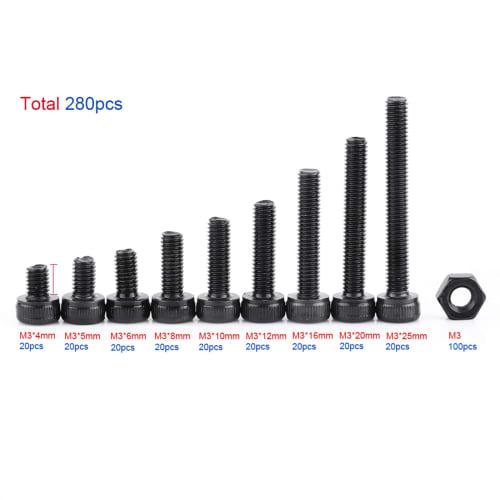 Hilitand M3 Hex Socket Head Bolt and Nut Kit, 4/5/6/8/10/12/16/20/25mm, 12.9 Strength Alloy Steel, 280 Pieces, Black, DIN912