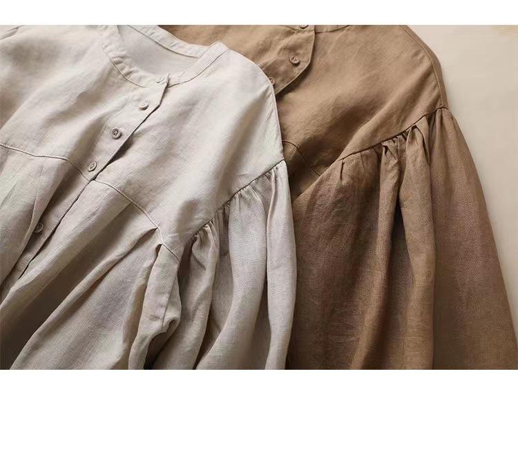 Women's Loose Fit Lantern Sleeve Cotton Linen Blouse - Babydoll Design, Nine-Point Sleeve, Solid Color Fashion Shirt 803