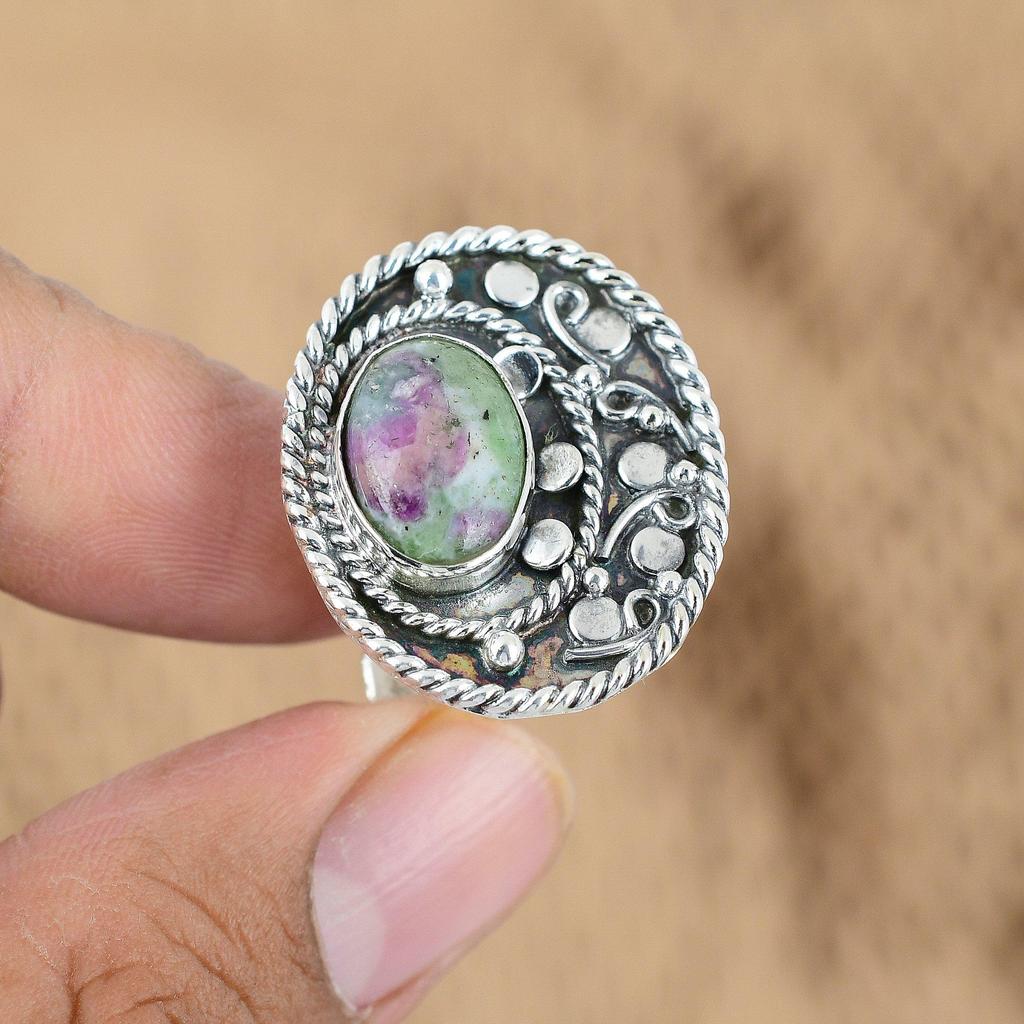 Natural Ruby Zoisite Gemstone Promise Green Adjustable Ring 925 Sterling Silver