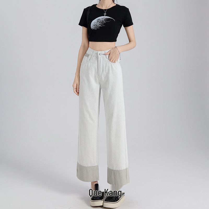 

Rolled Cuff Contrast Wide-Leg Petite Jeans - Women s Spring/Summer Grandma Style, Loose Fit, 7/8 Length. Extra Large