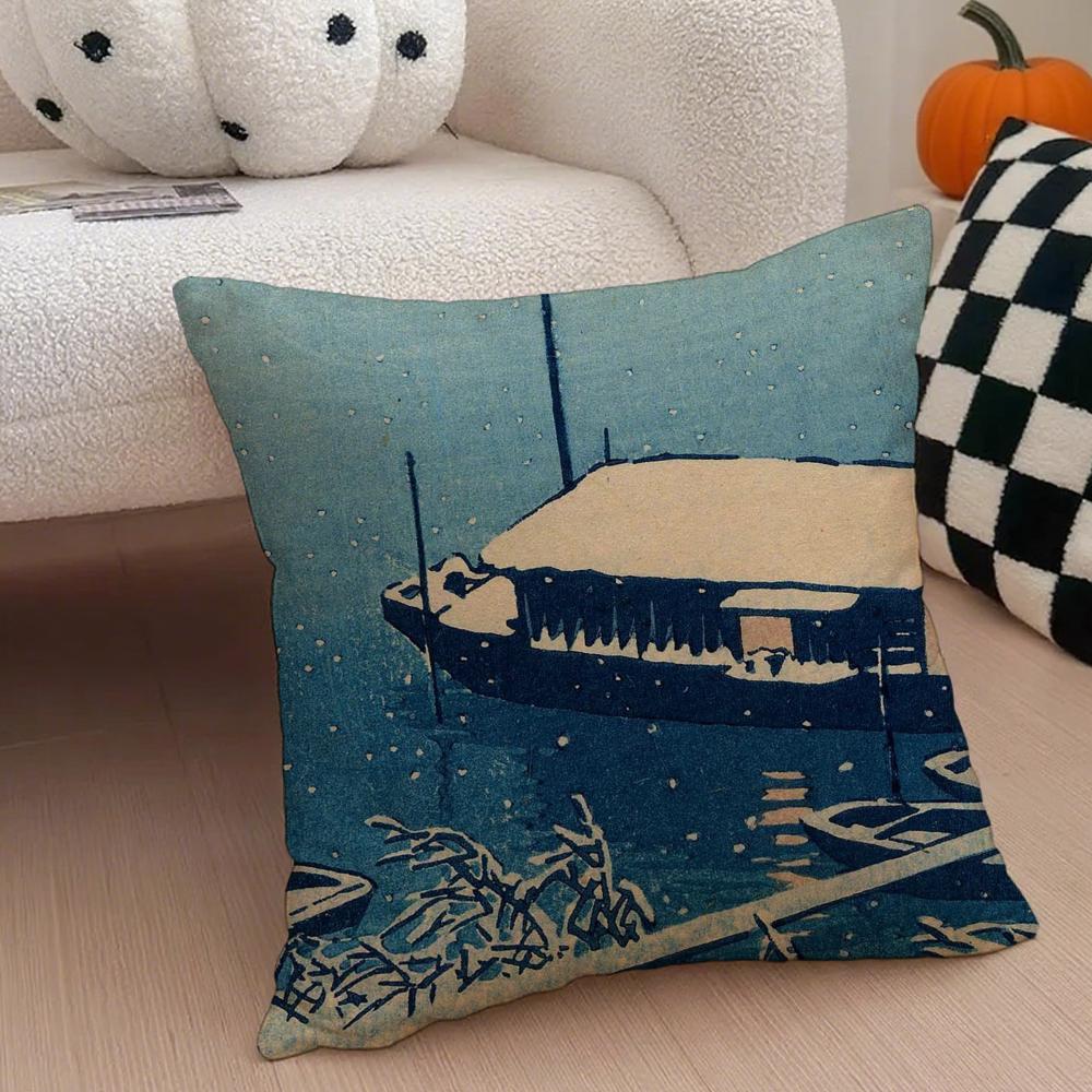 Hasui Kawase Cushion Cover Throw Pillow Cover Hidden Button Durable Polyester Chair Cushion