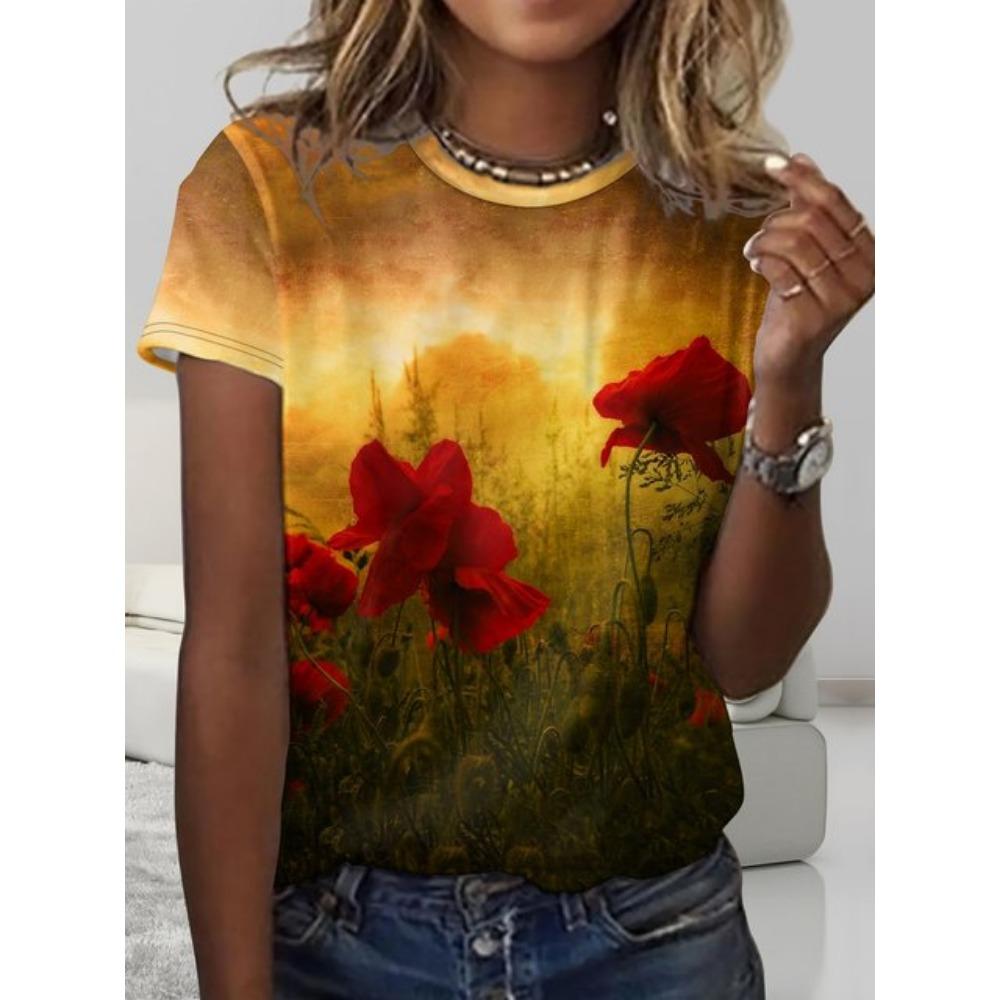 

Summer Simple Round Neck Regular Fit Flower Women s T-shirt Casual Short Sleeve Top Harajuku T-shirt Fashion 6XL