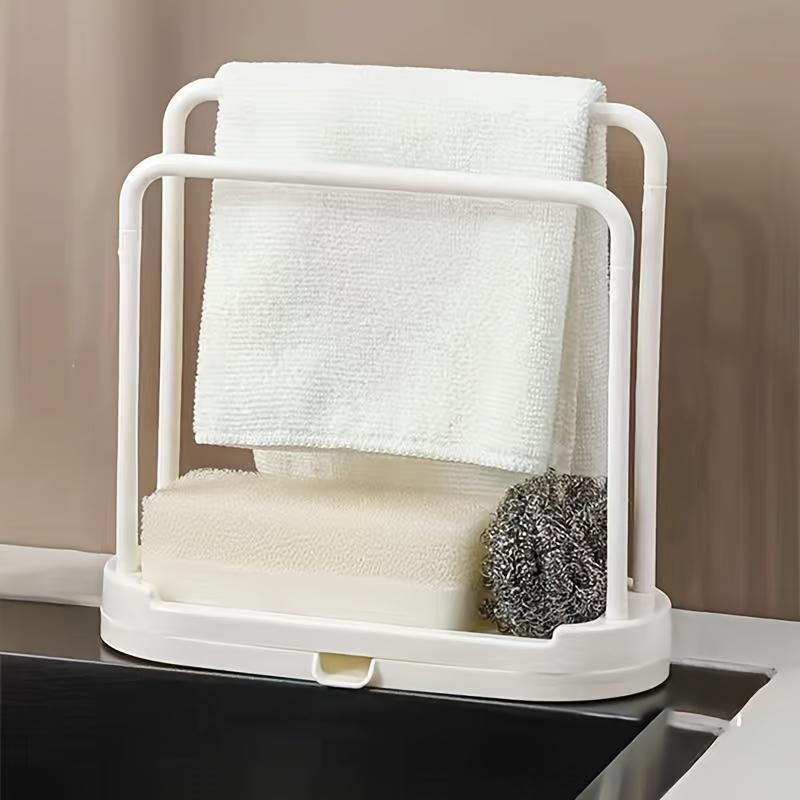 Space-Saving White Plastic Kitchen Sink Organizer - Multi-Functional Towel and Sponge Holder with Drainage Rack, Suitable for Stalls and Home Use