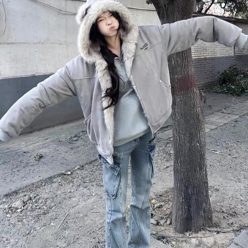 Womens Faux Suede Hooded Puffer Coat With Fur Trim Short Thick Winter Jacket Casual Streetwear