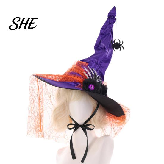 Multi Layered Lace Decor Halloween Witch Hat for Women, Gothic Spider Web Mesh Skeleton Hand Pleated Wizard Rose Flower Costume, Cosplay Party Outfit