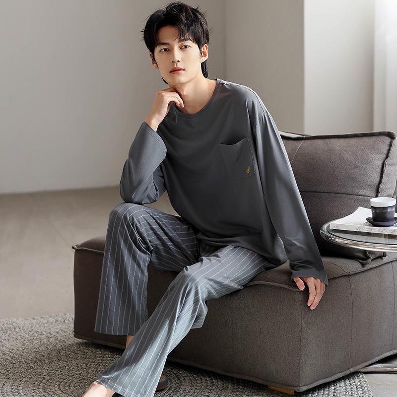 Men's Long Sleeve Loose Pajama Set - Round Neck, Long Pants, Plus Size for Spring & Autumn.