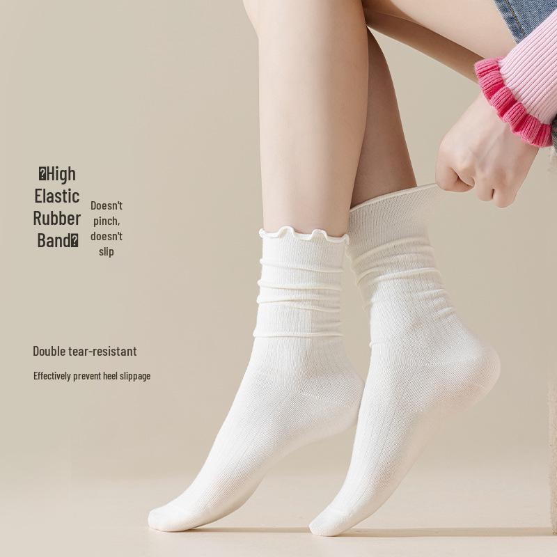 Japanese & Korean Style Ruffle Lace Mid-Calf Socks - Retro Vertical Stripe Design for Women