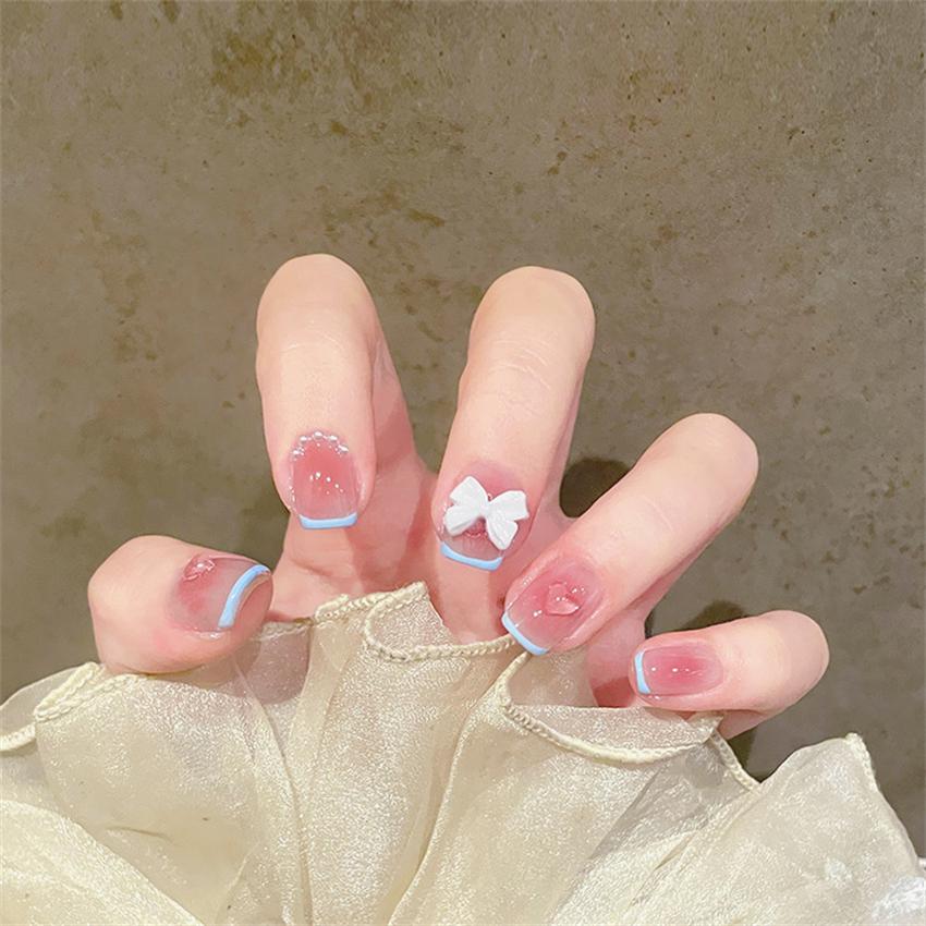 24Pcs Goose Yellow Cream Flower French Acrylic Press On Nails Full Coverage Removable False Nail Art Tips