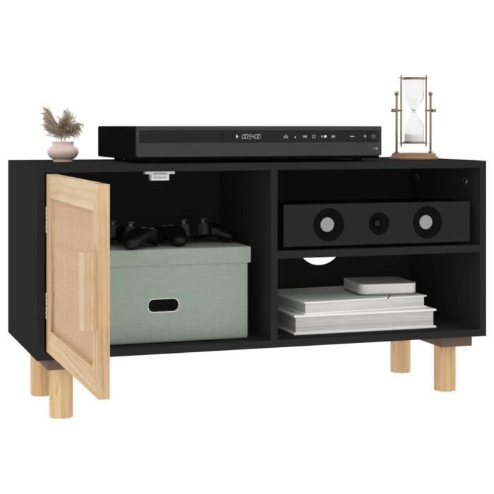345613 vidaXL Meuble TV Noir 80x30x40 cm Bois de pin massif et rotin naturel