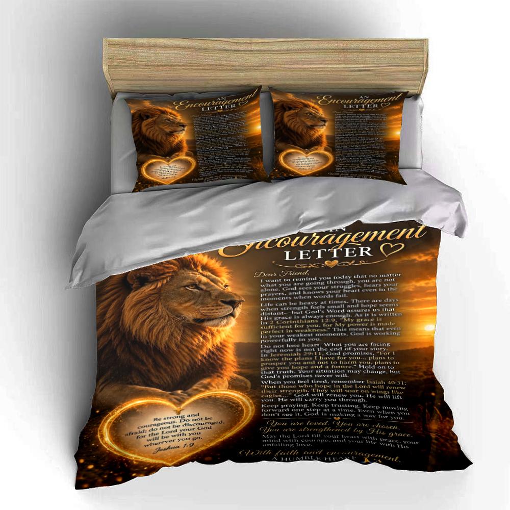 Lion Print with Encouragement Letter Design Bedding Set (1 Duvet Cover, 2 Pillowcases, Duvet Not Included)