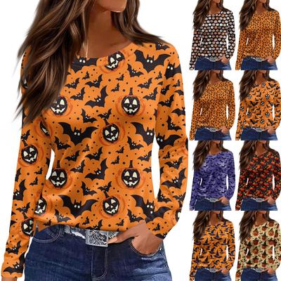 Damenmode Saumschlitz Lässig Halloween-Print Rundhals Langarm Oberteil