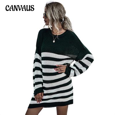 Vestido tipo suéter de mujer de otoño e invierno con cuello redondo y manga larga a rayas