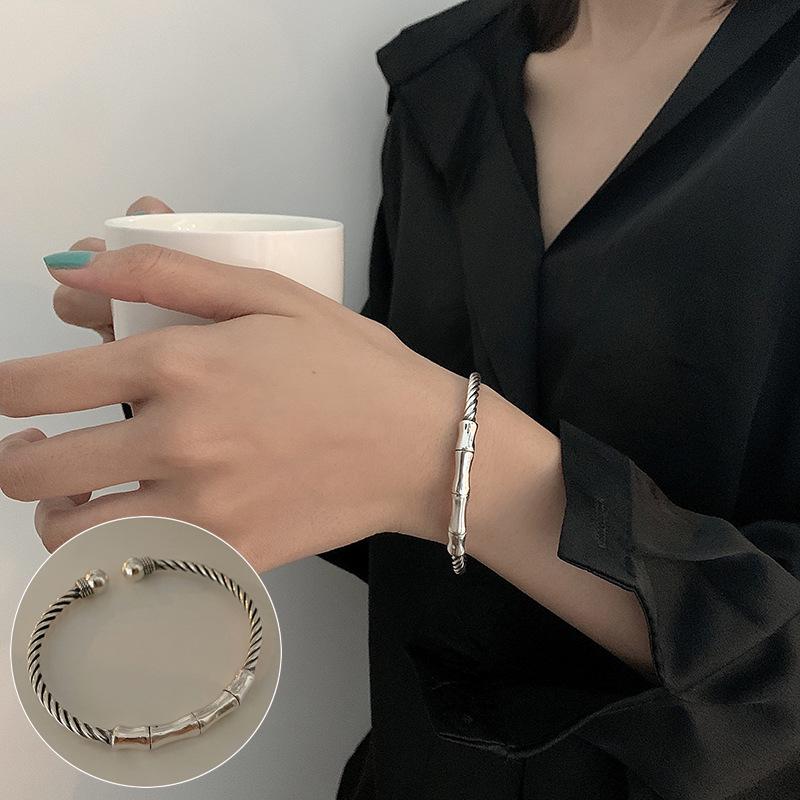 Korean S925 Sterling Silver Geometric Cutout Bracelet - Women's Retro Hong Kong Style Trendy Bangle