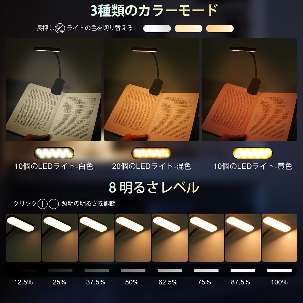 20 LED Clip Light, Rechargeable Reading Light, Touch Control, 3-Level Color Temperature Adjustment, Stepless Dimming, for Work, Reading, Bedroom,