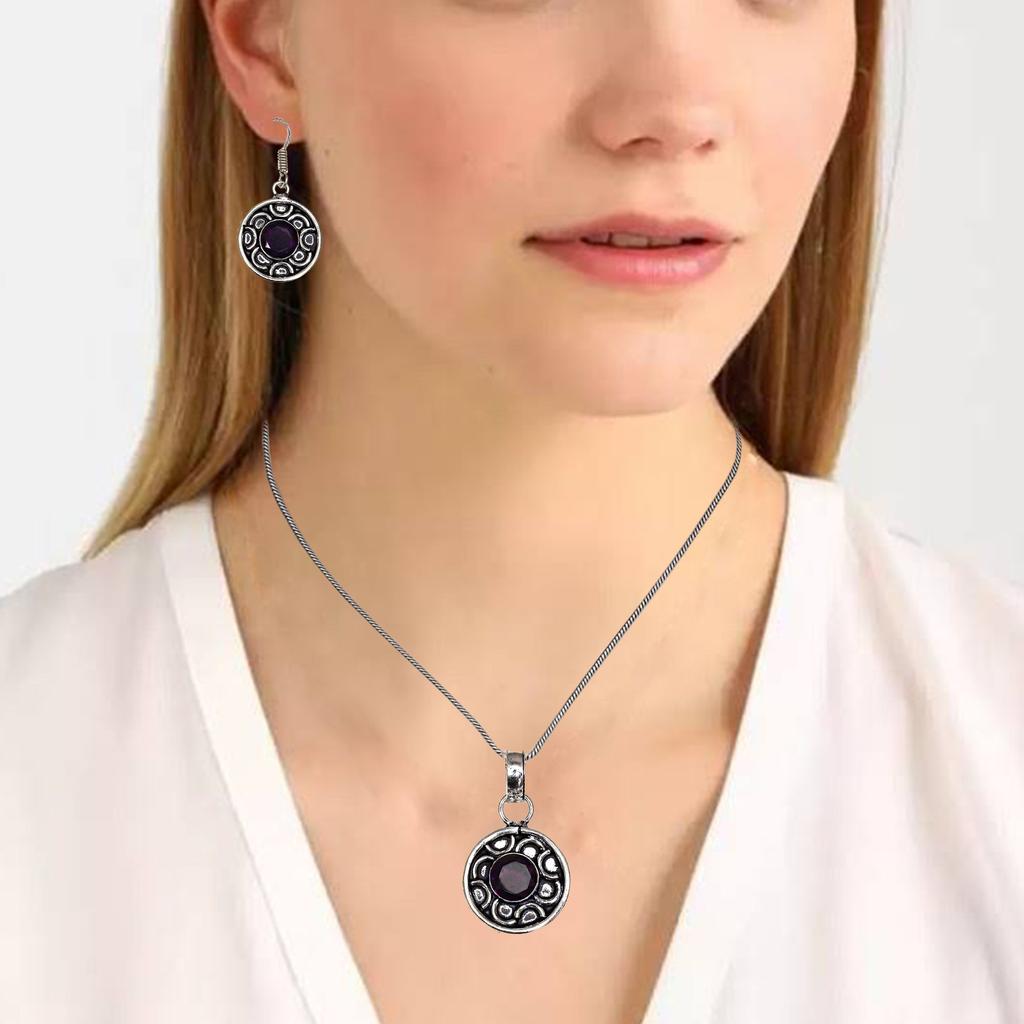 Set Amethyst Pendant Earrings Girls Earring Necklace Sterling