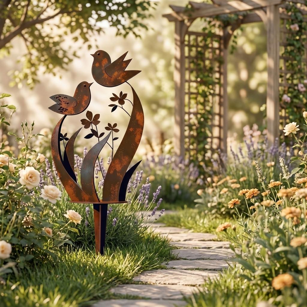 Bird Garden Stake Decorative Outdoor Lawn Ornament with Floral Pattern for Yard Patio Landscape Art