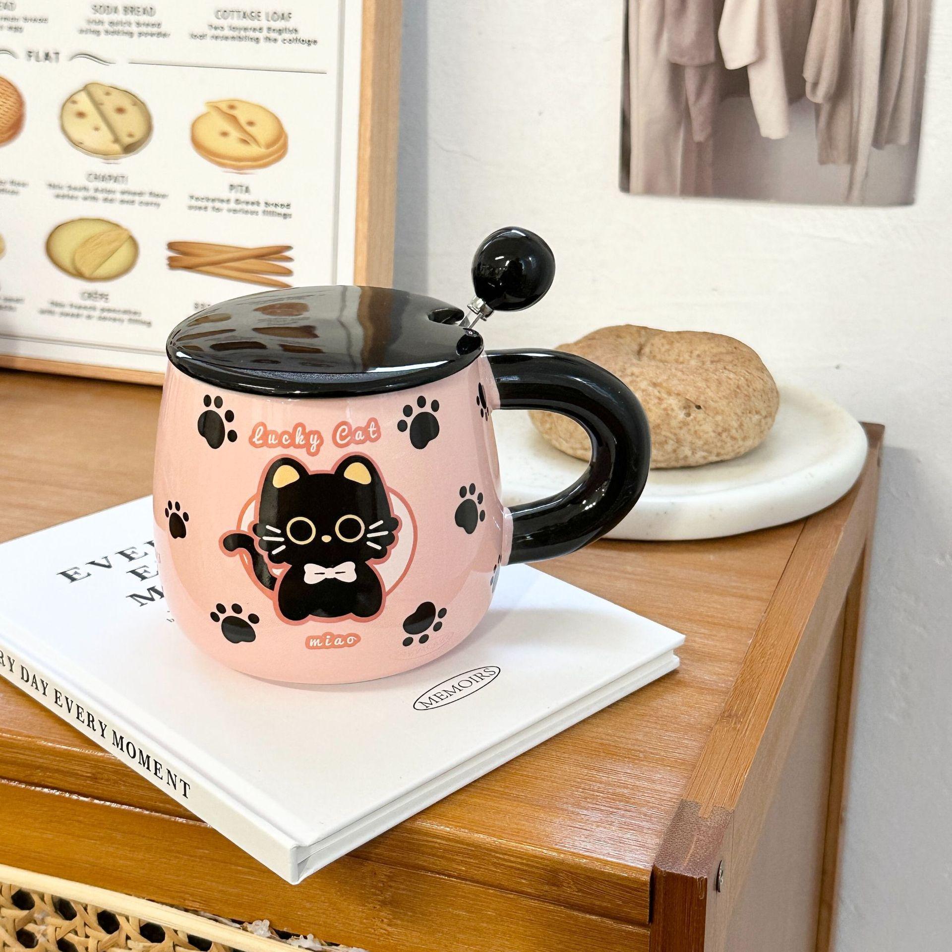 

Кружка высокой ценности с крышкой и ложкой, керамическая чашка для воды для женщин, милая кошка, чашка для завтрака, сувенир для мероприятий 301-400ml