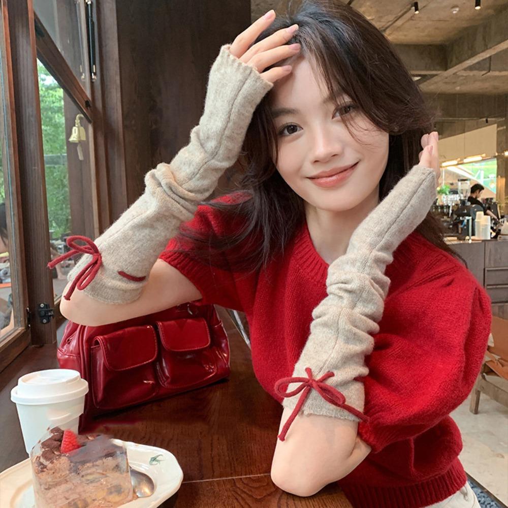

Korean Style Bow Arm Warmers Harajuku Knitted Sleeves Sweet Fingerless Gloves Clothing Accessories хаки