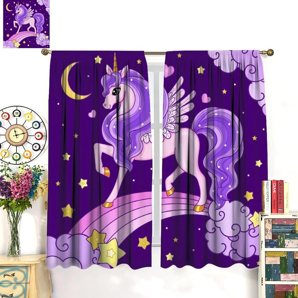 Purple Unicorn Curtains Girls Fantasy Mystery Fairytale Clouds Stars Magic Unicorns Window Drapes Kids Nursery Made Of Polyester
