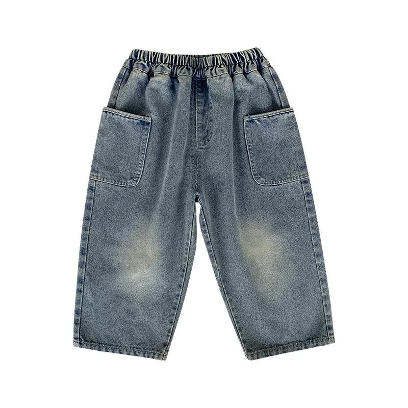 Spring Autumn Kid Boys Denim Pants Pocket Polished White Children Boy Pants Elastic Waist Casual Baby Trousers