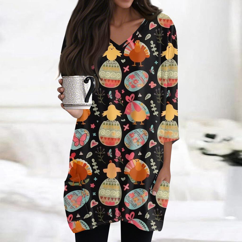 Womens Tops V-neck 3/4 Sleeve Blouses Casual Mid-length Shirts Fashion Print Tunic Tops With Pockets