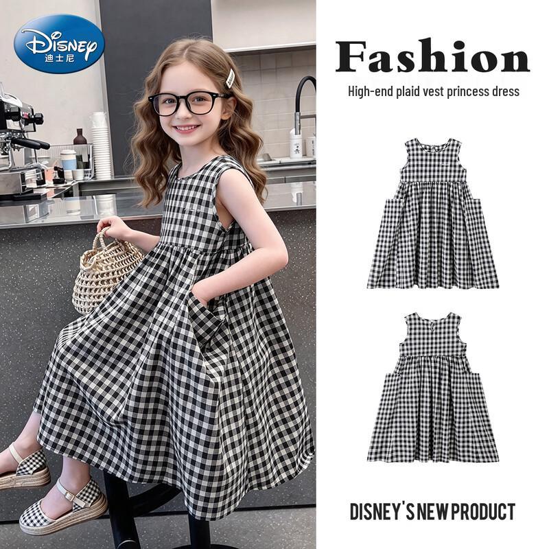 Disney Girls Black & White Plaid Sleeveless A-line Dress 150
