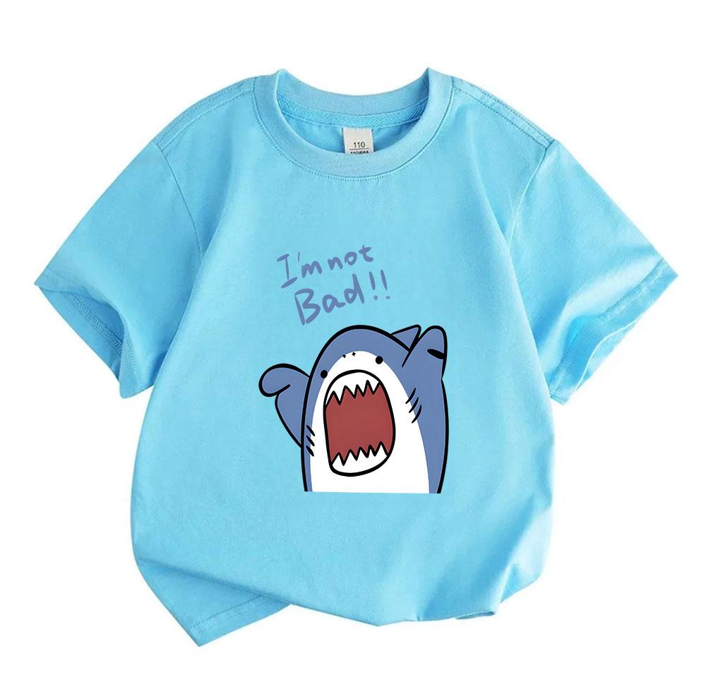 Toddler Kids Boys Girls 100% Cotton Short Sleeve Crew Neck T-Shirt, Cute Cartoon Naughty Shark I'm Not Bad Print Casual Soft Breathable Top for Daily