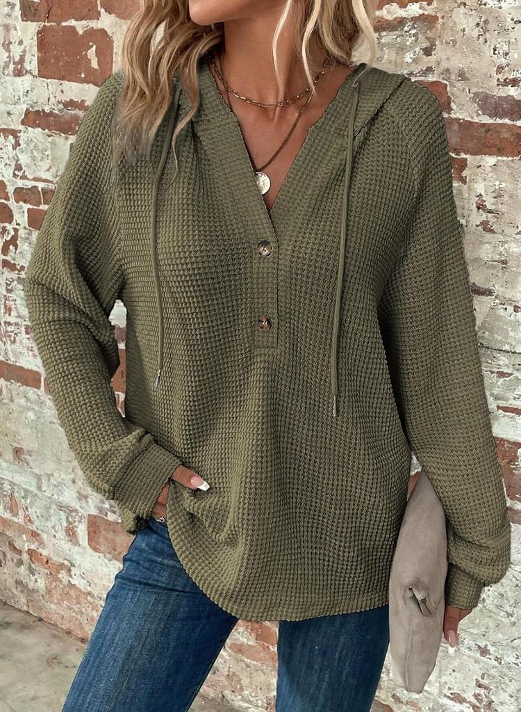 Women's Waffle Knit Hoodie V Neck Button Drawstring Hoodies Casual Long Sleeve Pullover Sweatshirt