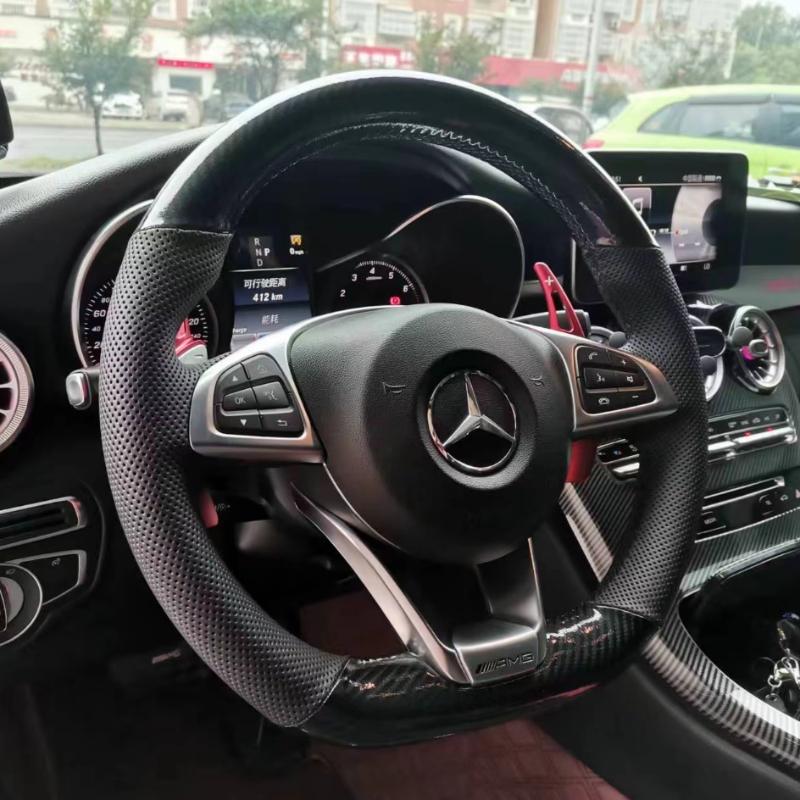 For Mercedes Benz W176 W246 W205 C117 218 X218 C253 W213 W166 Hand-stitched black suede carbon fiber car steering wheel cover
