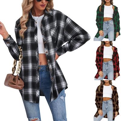 Damen Kariertes Hemd Langarm Blusen Tops Kragen Button-Down Jacken Vorne Offen Strickjacke