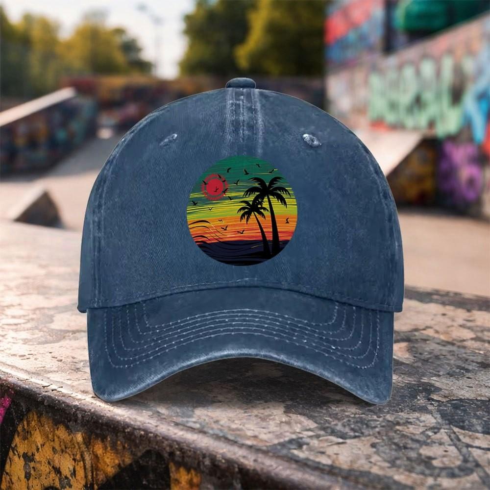 Tropical Sunset Palm Tree Baseball Cap Washed Cotton Adjustable Outdoor Beach Style Hat One Size