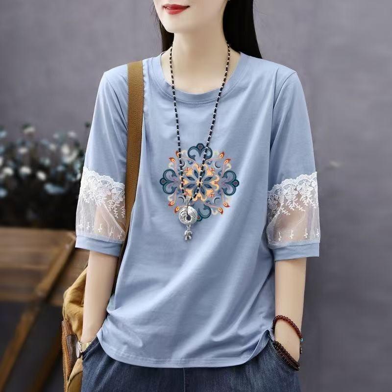Pure Cotton Summer New Chinese Style Five-quarter Sleeve Top for Women Large Size Foreign Style